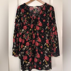 Umgee USA Bell Sleeve Floral Flowy Boho Lightweight Black Dress Size Small